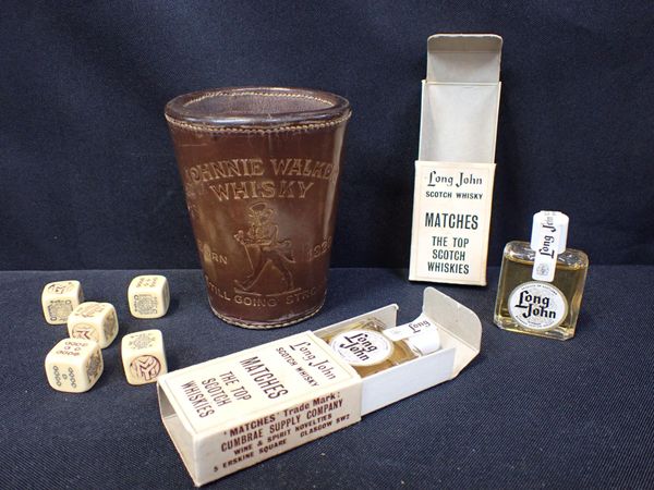 A JOHNNIE WALKER ADVERTISING DICE SHAKER, TWO 'LONG JOHN' WHISKY