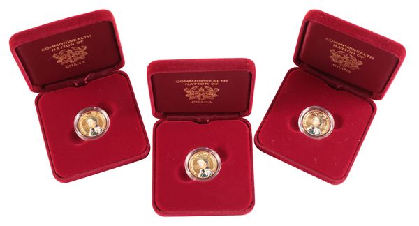 THREE COMMONWEALTH OF GHANA 9CT GOLD 500 SIKA COINS