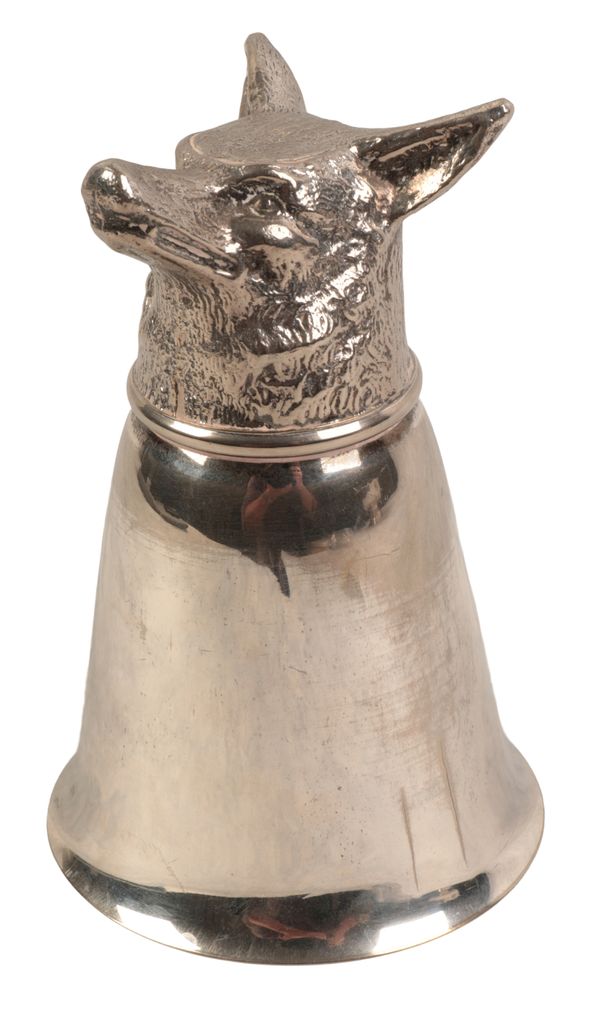 A SILVER PLATED FOX HEAD STIRRUP CUP