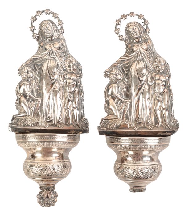 A PAIR OF CONTINENTAL WHITE METAL HOLY WATER STOUPS