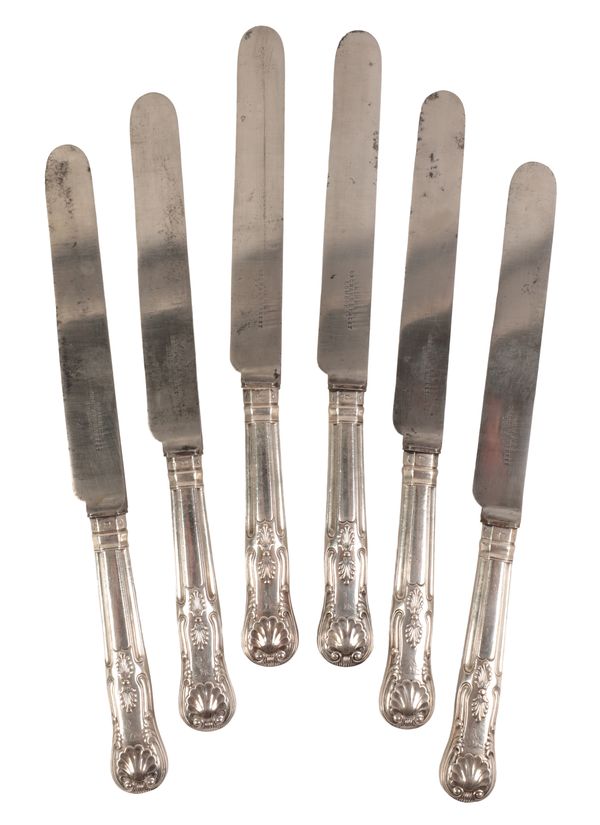 A SET OF SIX VICTORIAN SILVER HANDLED KINGS HONEYSUCKLE PATTERN TABLE KNIVES