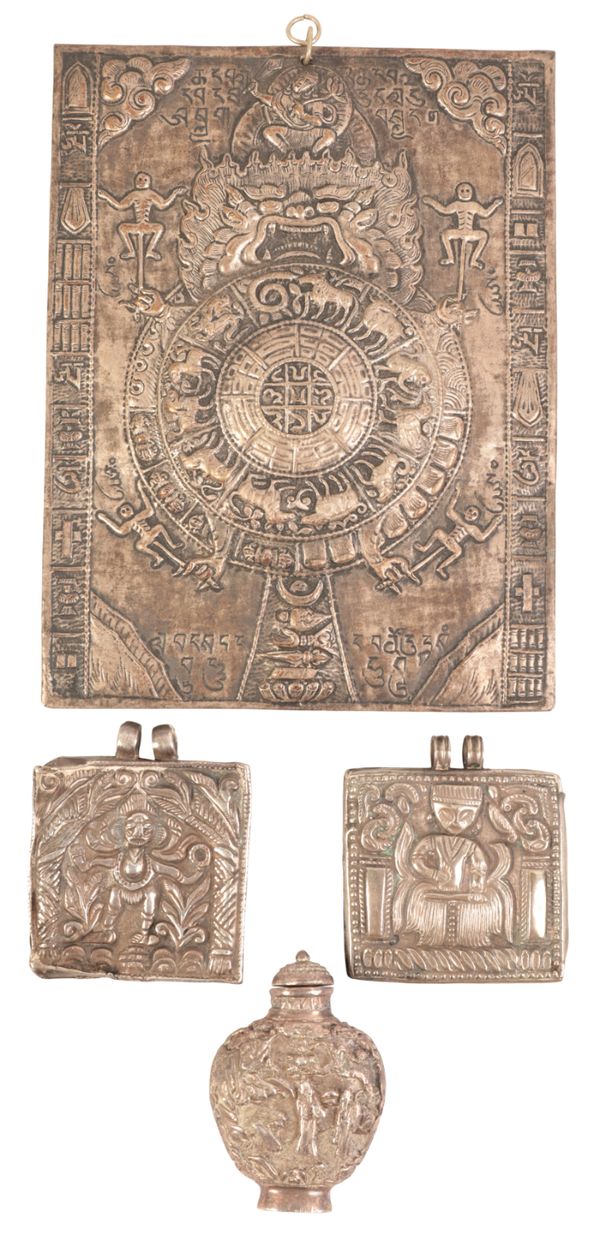 TWO EASTERN WHITE METAL SQUARE PENDANTS