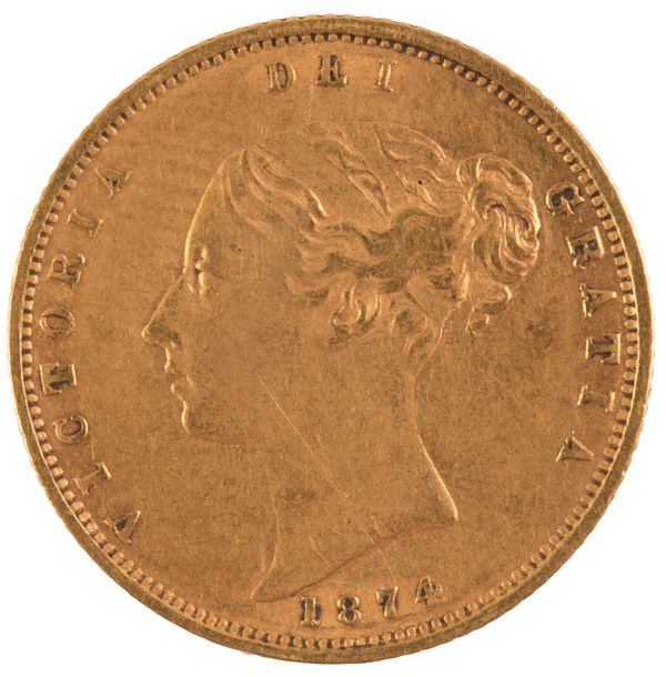 AN 1874 QUEEN VICTORIA GOLD HALF SOVEREIGN