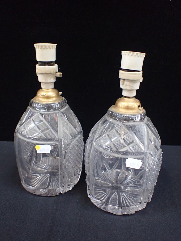 A PAIR OF TABLE LAMPS MADE FROM GEORGIAN DECANTERS