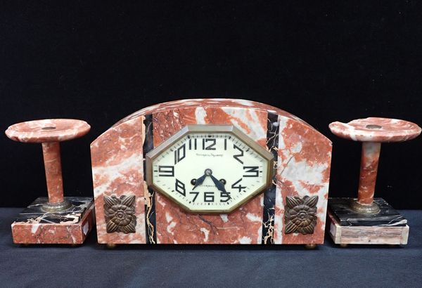 A FRENCH ART DECO MARBLE CLOCK GARNITURE