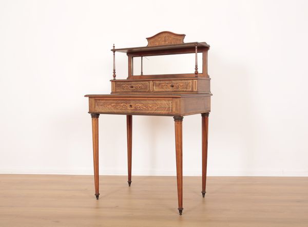 AN EDWARDIAN ROSEWOOD AND MARQUETRY BONHEUR DU JOUR