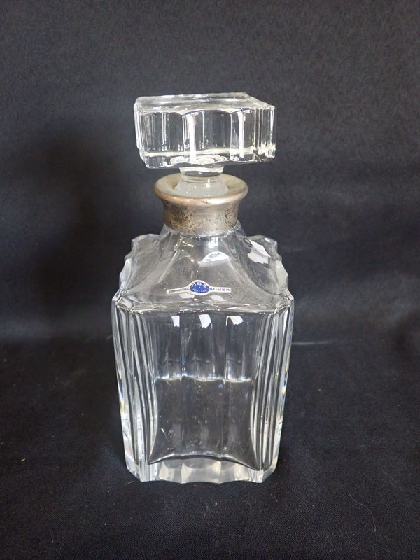 A SQUARE DECANTER WITH SILVER COLLAR