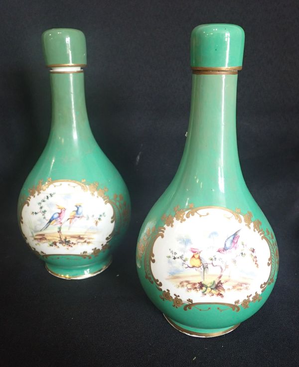 A PAIR OF BOTTLE VASES PAINTED WITH EXOTIC BIRDS