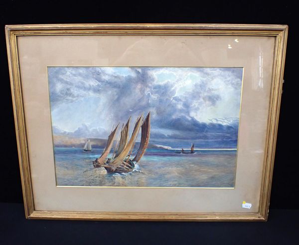 A VICTORIAN WATERCOLOUR - FISHING BOATS UNDER SAIL