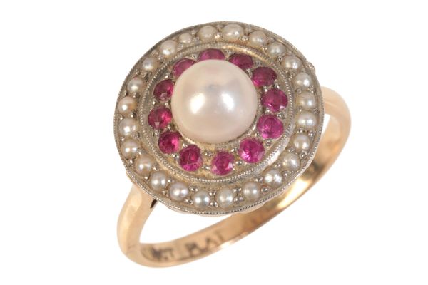 AN ANTIQUE PEARL AND RUBY TARGET RING