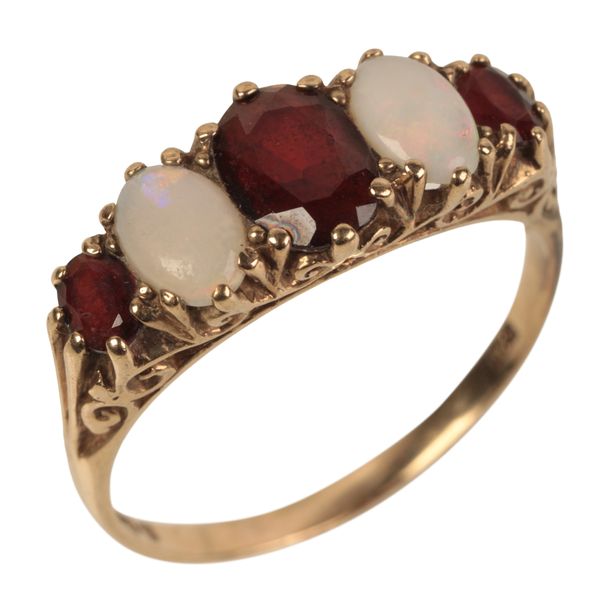 A 9CT GOLD GARNET AND OPAL FIVE STONE RING