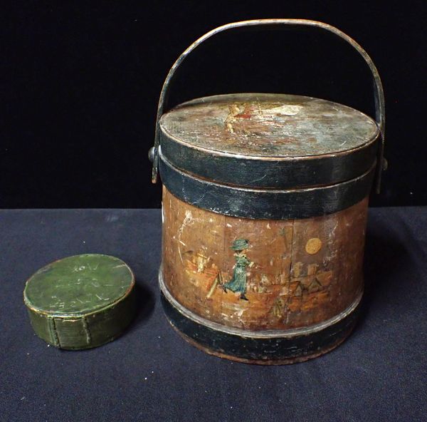 A DECORATED WOODEN FLOUR BARREL