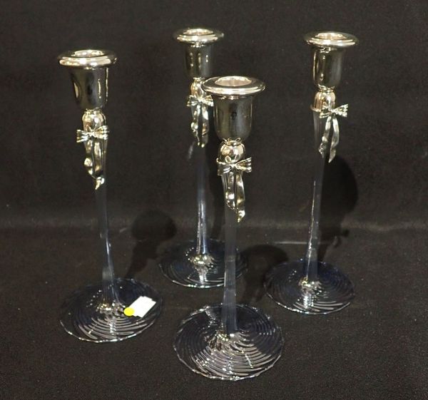 FOUR ITALIAN MEDUSA ORO GLASS AND SILVER CANDLESTICKS