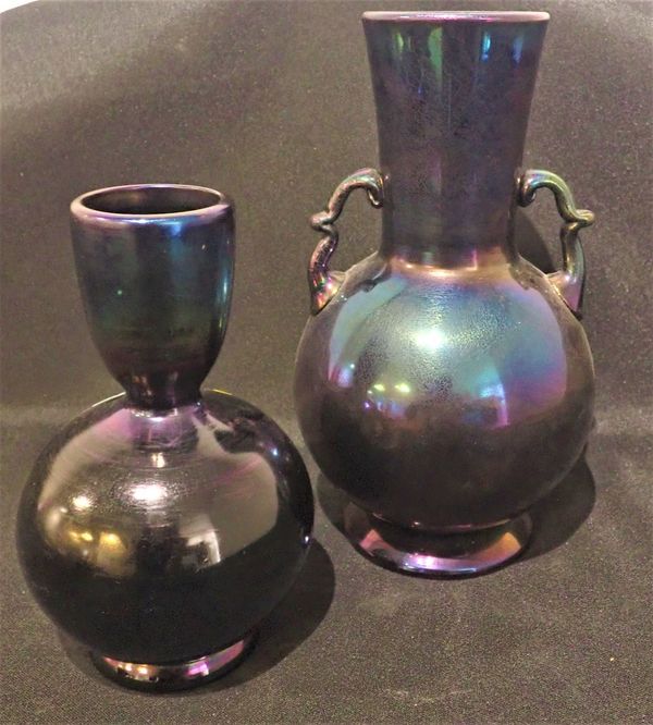 A WEBB BRONZE GLASS TWO HANDLED VASE