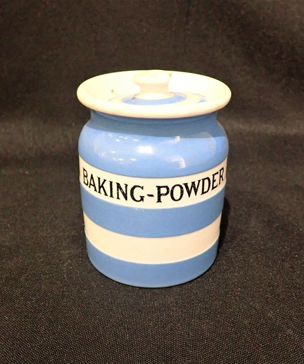 A T.G. GREEN CORNISHWARE POTTERY BAKING POWDER JAR AND COVER