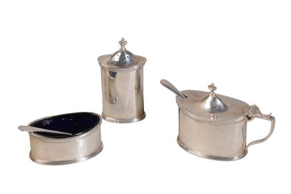 AN ELIZABETH II SILVER THREE PIECE CRUET