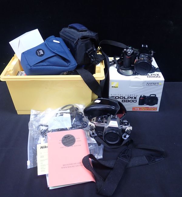 NIKON FG20 CAMERA WITH ACCESSORIES AND TWO TAMRON LENSES