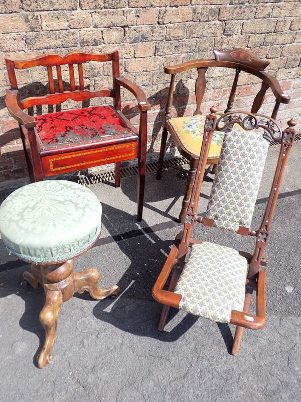 A VICTORIAN CHILDS FOLDING CHAIR, A REVOLVING PIANO STOOL