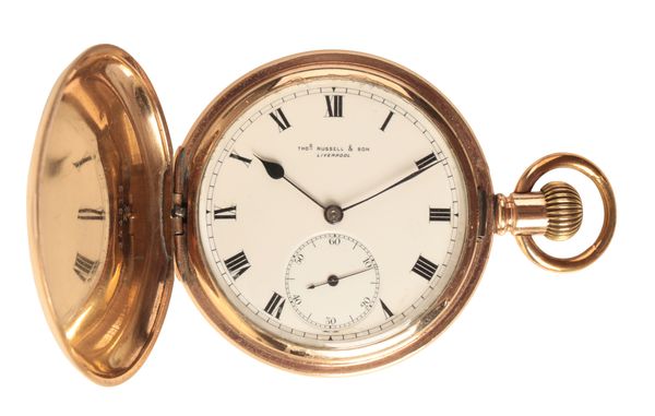 THOS. RUSSELL & SON, LIVERPOOL: A GENTLEMAN'S FULL HUNTER GOLD-PLATED POCKET WATCH