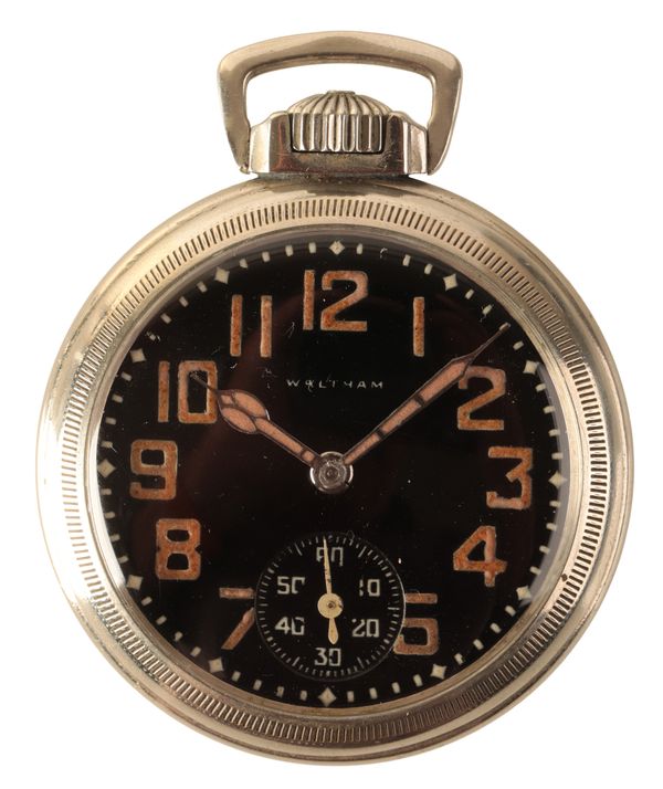 WALTHAM: A GENTLEMAN'S MILITARY NICKEL-PLATED POCKET WATCH