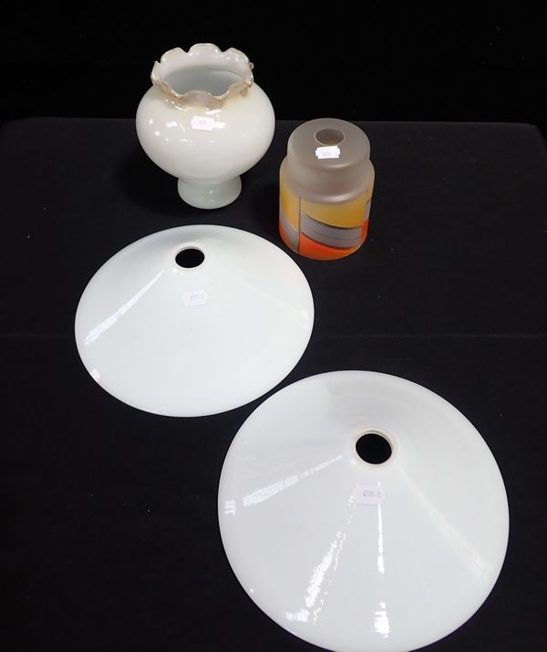 FOUR CONICAL WHITE GLASS SHADES