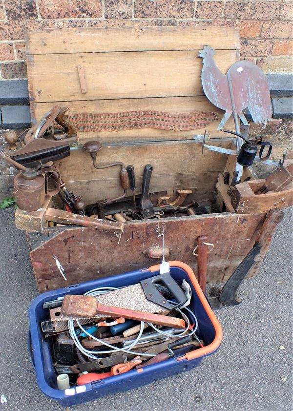 AN OLD PINE TOOL CHEST, AND VARIOUS TOOLS