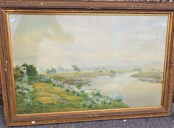 CHAS. L. SAUNDERS R.A. RIVER SCENE WITH HILLS, WATERCOLOUR