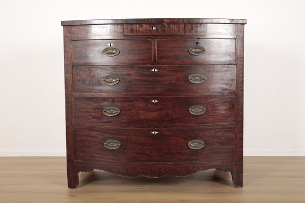 A GEORGE III MAHOGANY AND PARQUETRY BANDED BOW FRONT CHEST OF DRAWERS, PROBABLY SCOTTISH