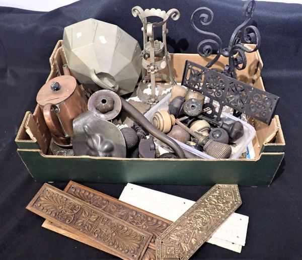 A BOX OF MIXED VICTORIAN METALWARE