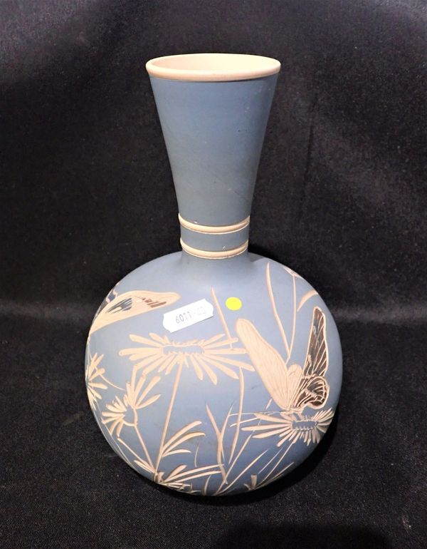 A SALOPIAN PALE BLUE GLAZED POTTERY BOTTLE SHAPED VASE