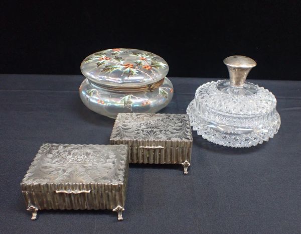 A GLASS DISH WITH SILVER-MOUNTED LID