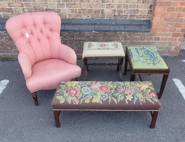 THREE GEORGE III STYLE MAHOGANY FRAMED STOOLS