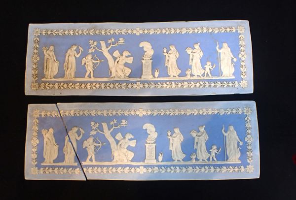 A PAIR OF 19th CENTURY PLASTER JASPER WARE STYLE ARCHITECTURAL PLAQUES