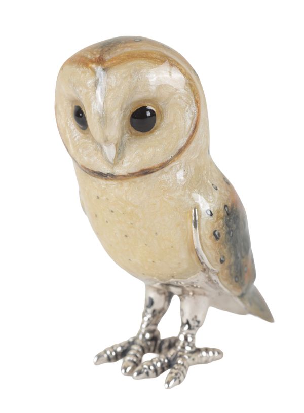 A 20TH CENTURY ENAMELLED 925 SILVER BARN OWL