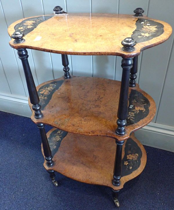 A BURR WOOD AND INLAID THREE TIER WHATNOT