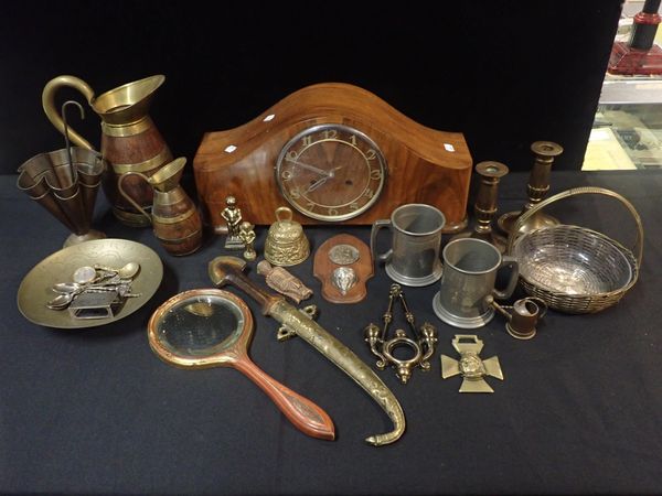 A CHIMING  WALNUT CASED MANTEL OR SIDEBOARD CLOCK