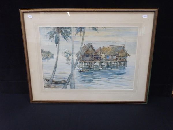 M.E. FELKIN: WATERCOLOUR, HOUSE ON STILTS, SINGAPORE