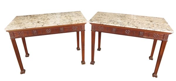 A PAIR OF FIGURED MAHOGANY PIER TABLES OF 'CHINESE CHIPPENDALE' DESIGN