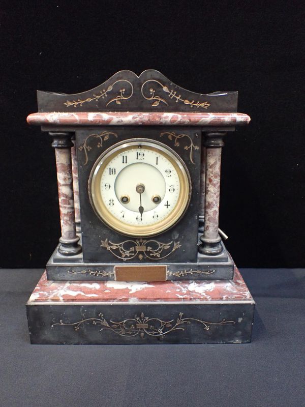 A VICTORIAN SLATE AND MARBLE CASED MANTEL CLOCK