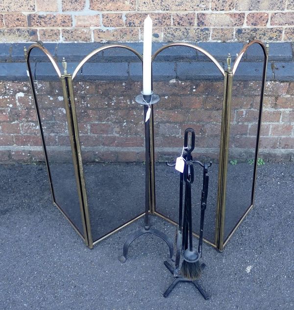 A WROUGHT IRON FIRESIDE SET