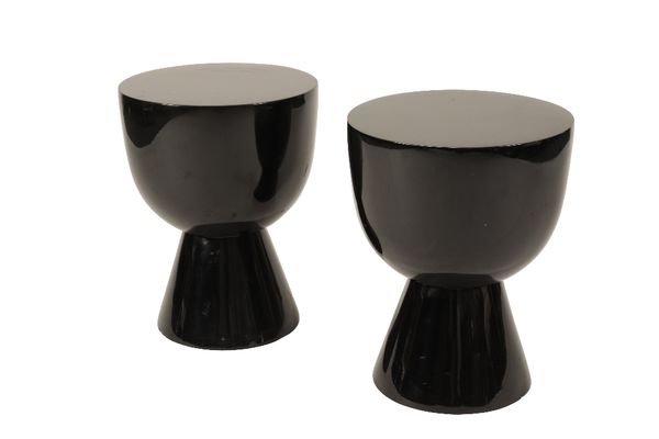 PAIR OF BLACK LACQUERED "TAM TAM STOOLS" BY POLS POTTEN