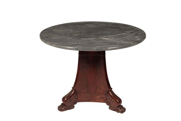 A RESTAURATION MARBLE TOPPED MAHOGANY CENTRE TABLE,