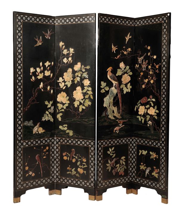 20TH CENTURY BLACK LACQUER AND HARDSTONE FOUR FOLD SCREEN