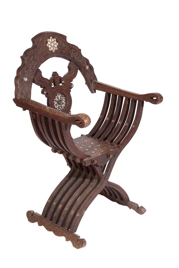 LEVANTINE RELIEF CARVED AND SHELL INLAID HARDWOOD ARM CHAIR