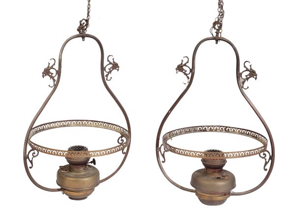 PAIR OF VICTORIAN BRASS HANGING OIL LAMPS