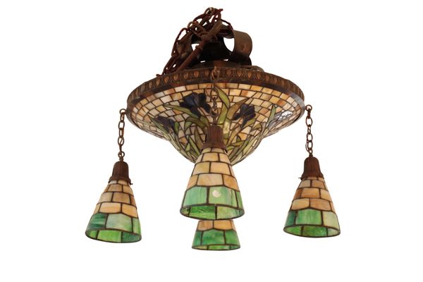 A LEADED POLYCHROME GLASS ELECTROLIER IN THE STYLE OF TIFFANY,