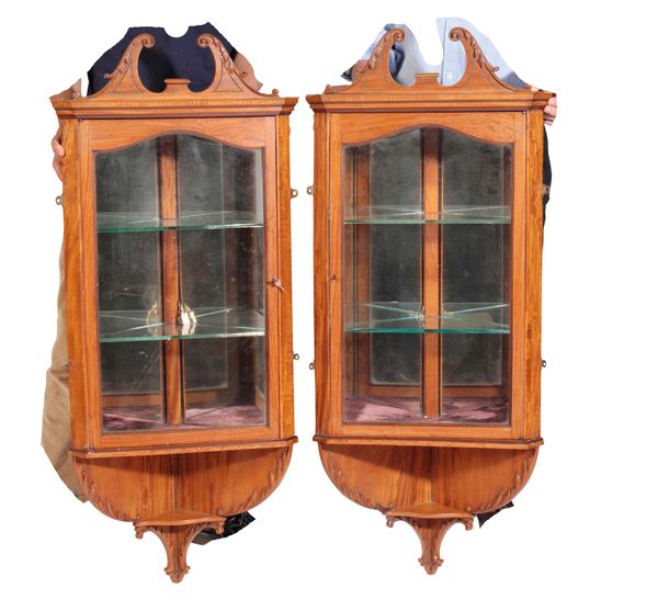 PAIR OF SATINWOOD AND GLAZED HANGING CORNER CABINETS