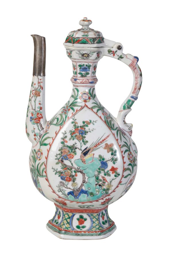 RARE PERSIAN MARKET FAMILLE VERTE WINE EWER AND COVER, KANGXI PERIOD