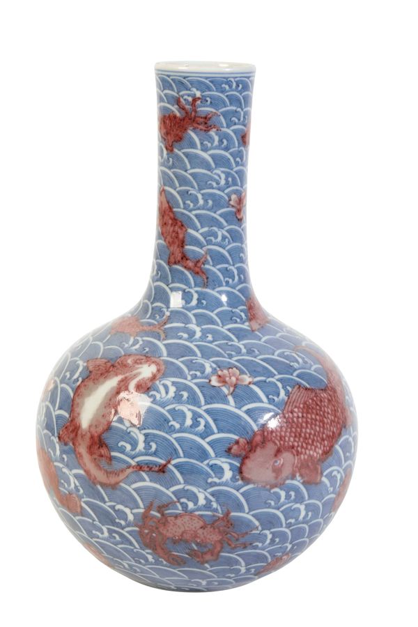 IRON-RED DECORATED BLUE AND WHITE 'FISH' BOTTLE VASE, QIANLONG SEAL MARK AND OF THE PERIOD