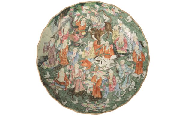 LARGE ROBINS-EGG GLAZE  AND FAMILLE ROSE 'EIGHTEEN LOUHAN' DISH, JIAQING / DAOGUANG PERIOD